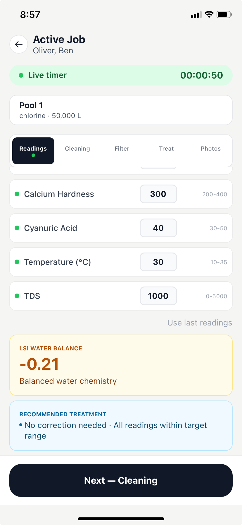 PoolAxis chemical readings screen — pH, chlorine, alkalinity with out-of-range flags