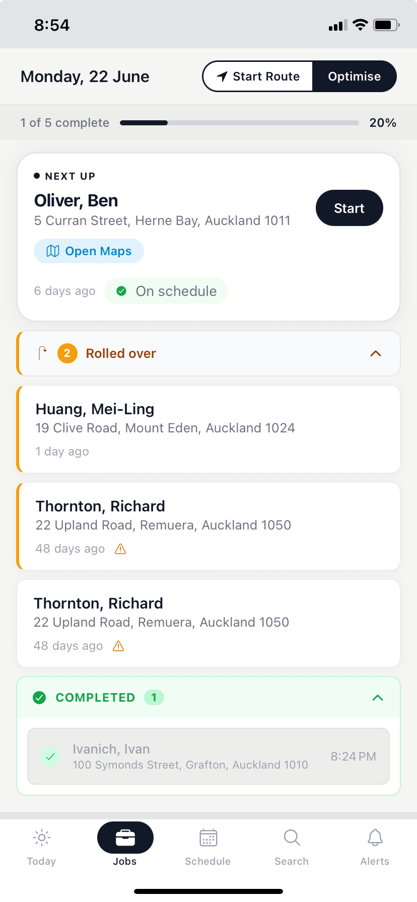 PoolAxis technician app run sheet — ordered stops with address and access notes